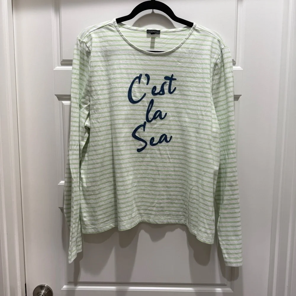 Talbots Green and White Stripe C’est La Vie Sea Crewneck Tee XL Nautical Beach - Picture 2 of 6